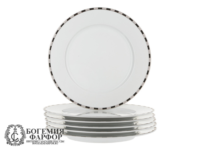 Набор мелких тарелок 25 см Опал, Платиновые пластинки, отводка платина, 6 штук