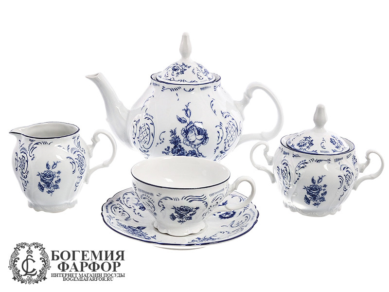 Чайный сервиз Бернадотт, Синие розы на 6 персон, 17 предметов