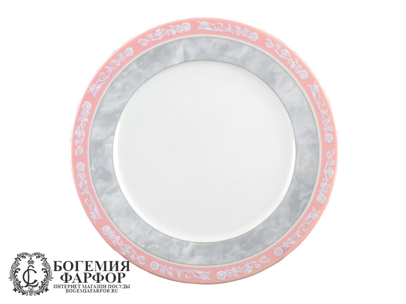 Набор мелких тарелок 21 см Яна, Серый мрамор с розовым кантом, 6 штук