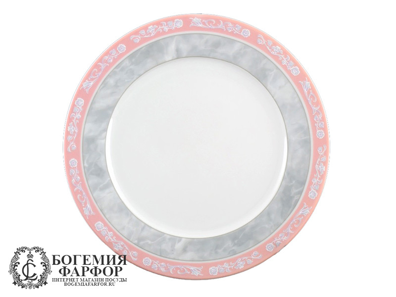 Набор мелких тарелок 25 см Яна, Серый мрамор с розовым кантом, 6 штук