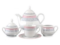 Чайный сервиз Яна, Серый мрамор с розовым кантом на 6 персон, 17 предметов